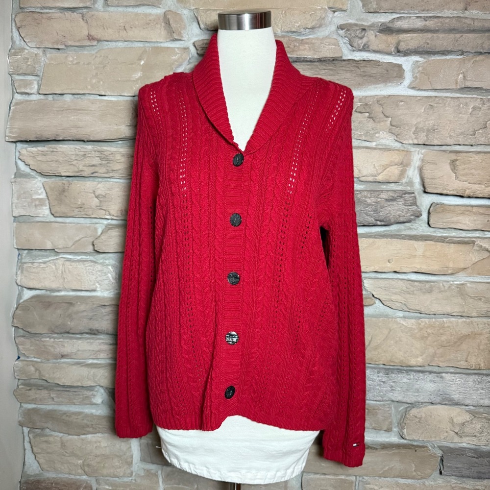 Tommy Hilfiger Woman 1X Red Cable Knit Button Front Shawl Collar Cardigan
